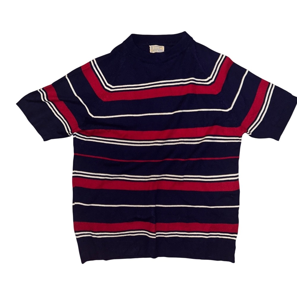 Vintage Towncraft Penneys Short Sleeve Knit Sweater Navy Red White Striped Men M